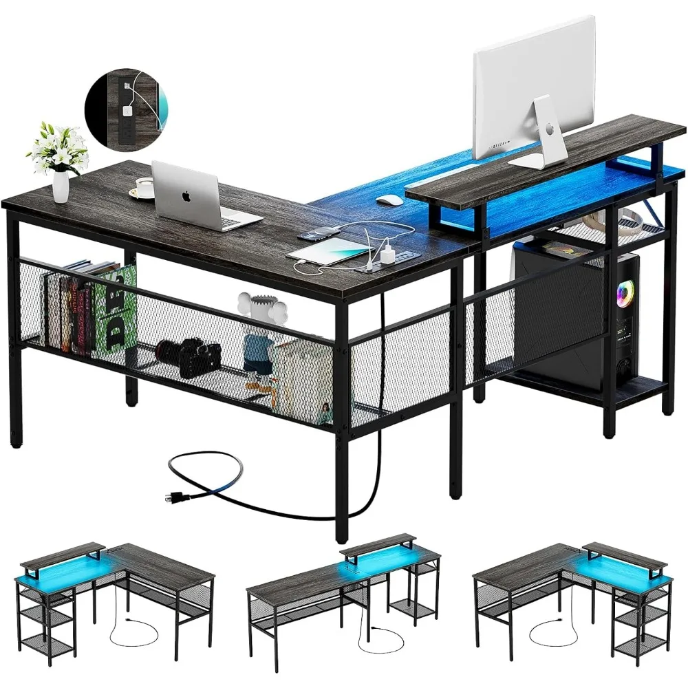 

L Shaped Computer Desk Wi Power Outlets and LED , Reversible Office Desk with Ergonomic Monitor Stand, Gaming Table with Storage