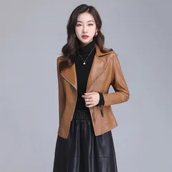 New Women Leather Jacket Spring Autumn Fashion Suit Collar Slim Biker Coat Split Leather Outerwear Sheepskin Streetwear Tops
