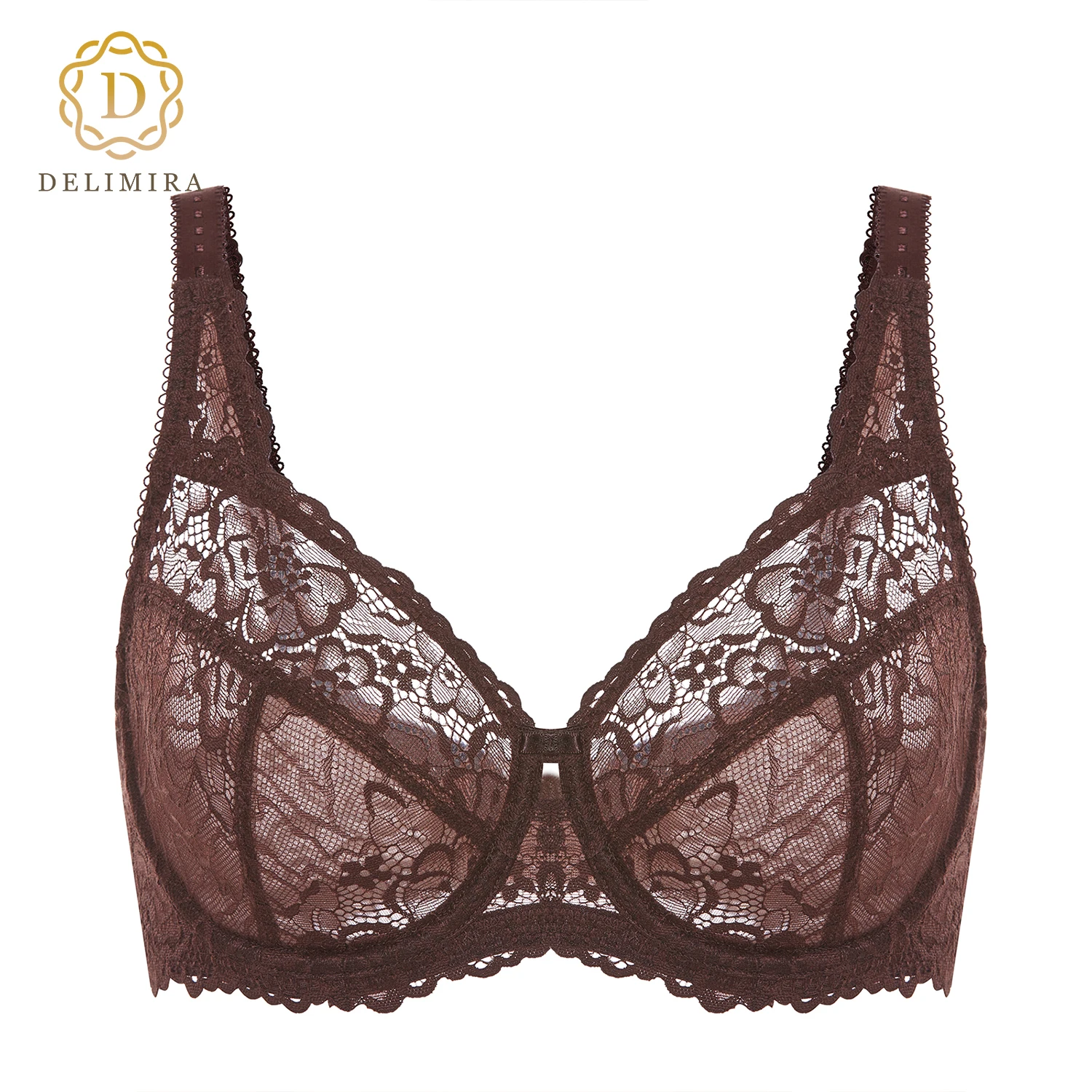 DELIMIRA-Soutien-gorge à armatures en dentelle pour femme, minimiseur sexy, couverture complète, sans doublure, maille transparente, grande taille, E, F, G