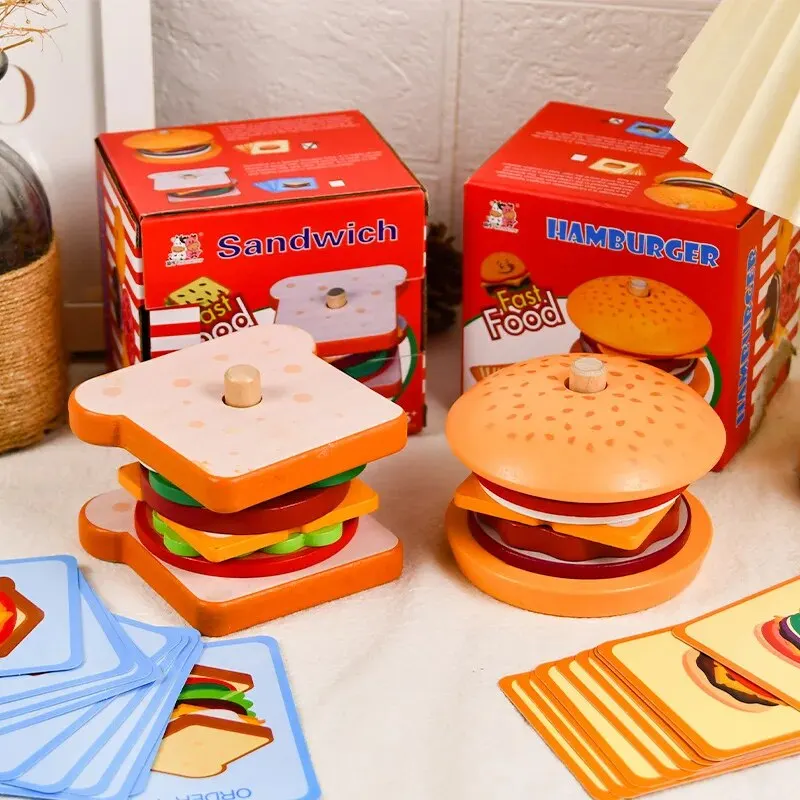 Wooden Kitchen Toy Hamburger Sandwich Simulation Food Making Set Toys Children's Wooden Stacked Food Toy