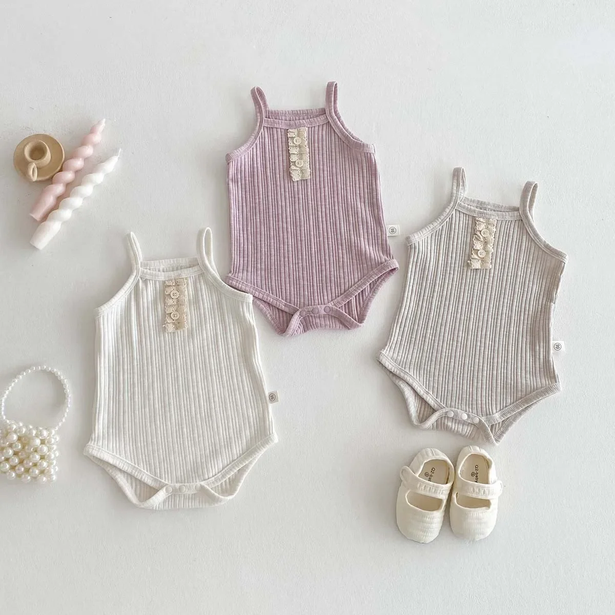 Summer Korean Style Baby Lace Trim Romper Girl Simple Strap Bodysuit Cotton Pantsuit for Baby Girl Infant Clothing