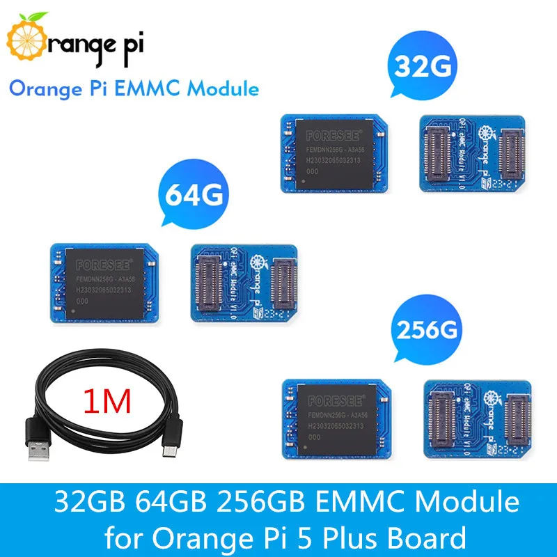 Placa Orange pi Plus com Velocidades Rápidas de Leitura e Gravação Cabo Usb para tipo c de 1m Módulo Emmc 32gb 64gb 256gb Opcional