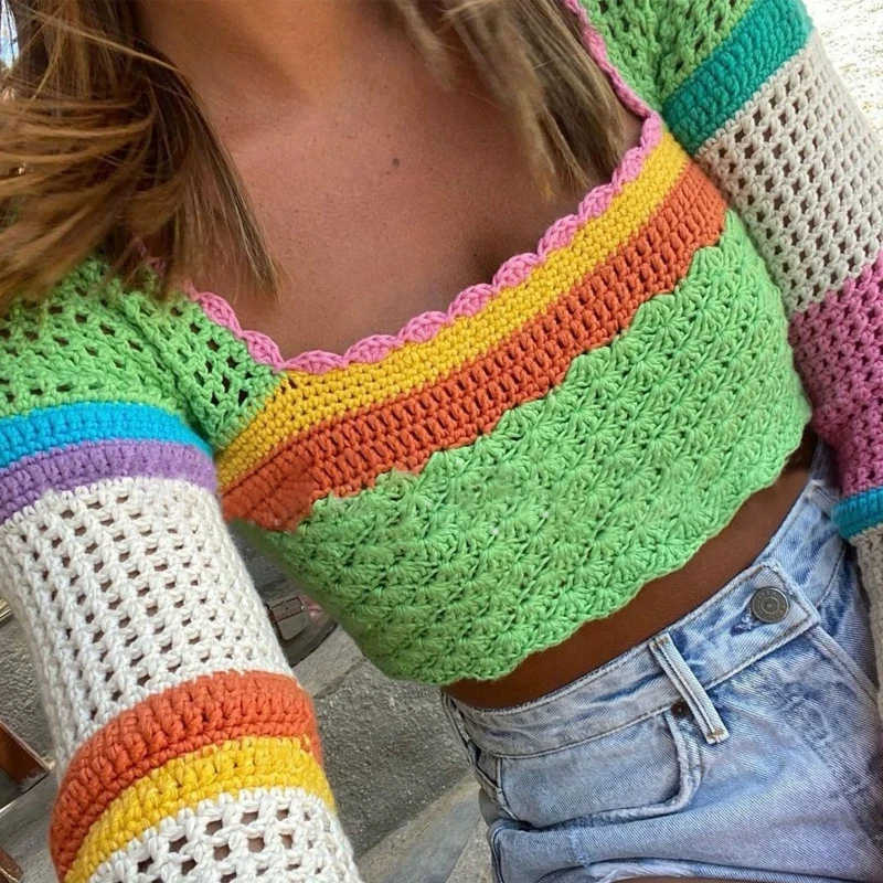 

Women Summer Flare Long Sleeve Crochet Crop Top Hollow Out Knit Rainbow Geometric Striped T-Shirt Retro Square Neck Slim Fit Tee