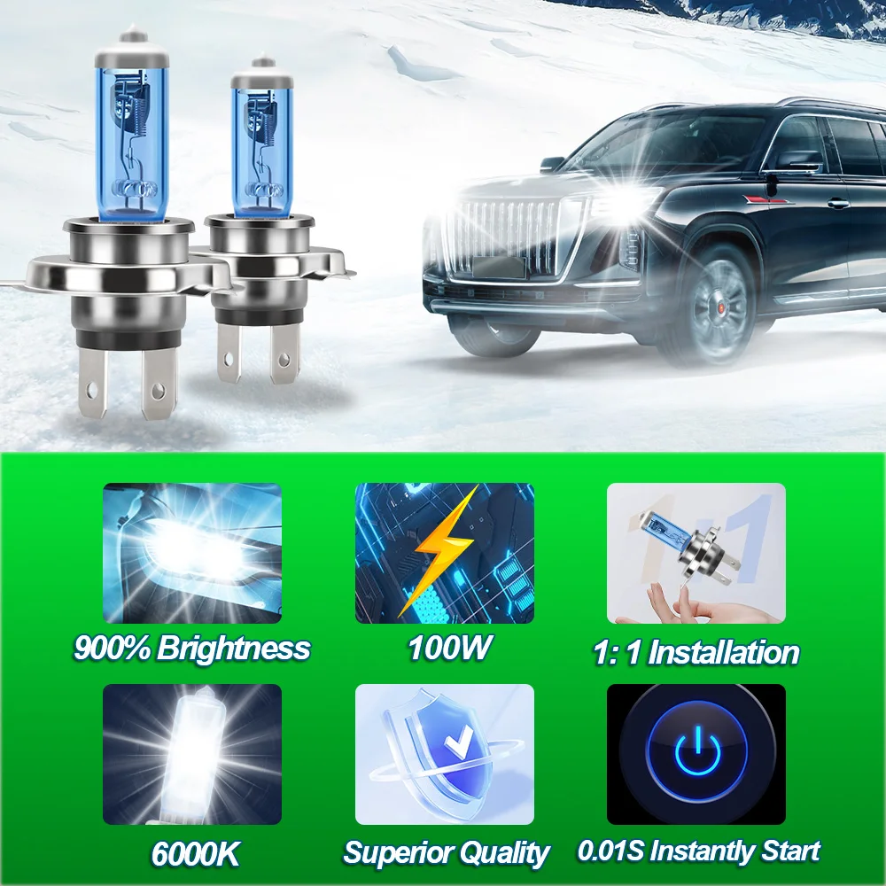2x H4 제논 화이트 슈퍼 할로겐 헤드라이트 전구 100W 6000K LED 헤드램프 1:1 설치 자동차 전구