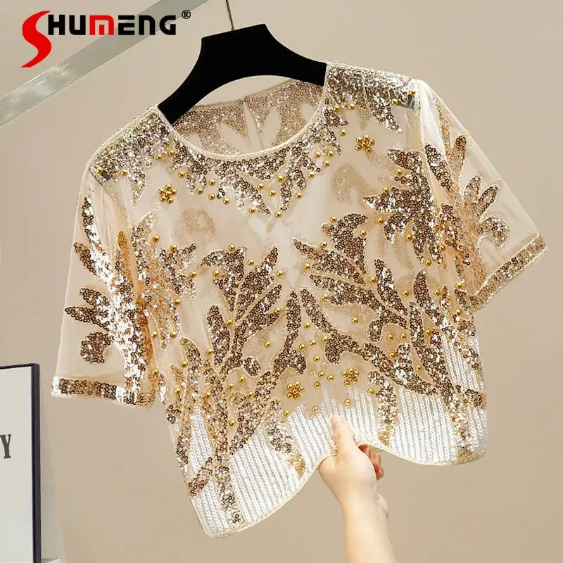 Fashion Color Contrast Sequined Heavy Industry Beads round Neck Pullover Short Sleeve Mesh See-through Short Shirt Versatile Top