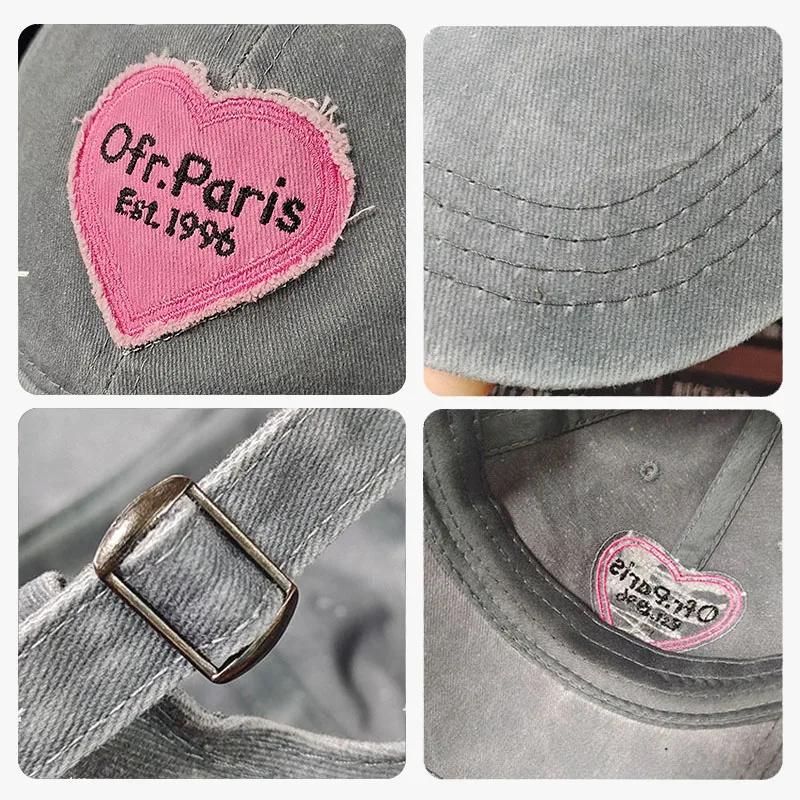 Women Baseball Cap Vintage Washed Cotton Soft Top Dad Hat Retro Y2K Pink Love Heart Letter Embroidered Snapback Caps baseball cap