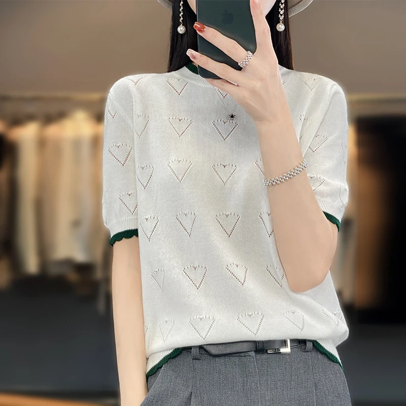 

New Women Summer Short-sleeved Tees O-Neck 100% Cotton Contrast Stitching Pullover T-shirt Casual Knitted Base Ventilate Sweater