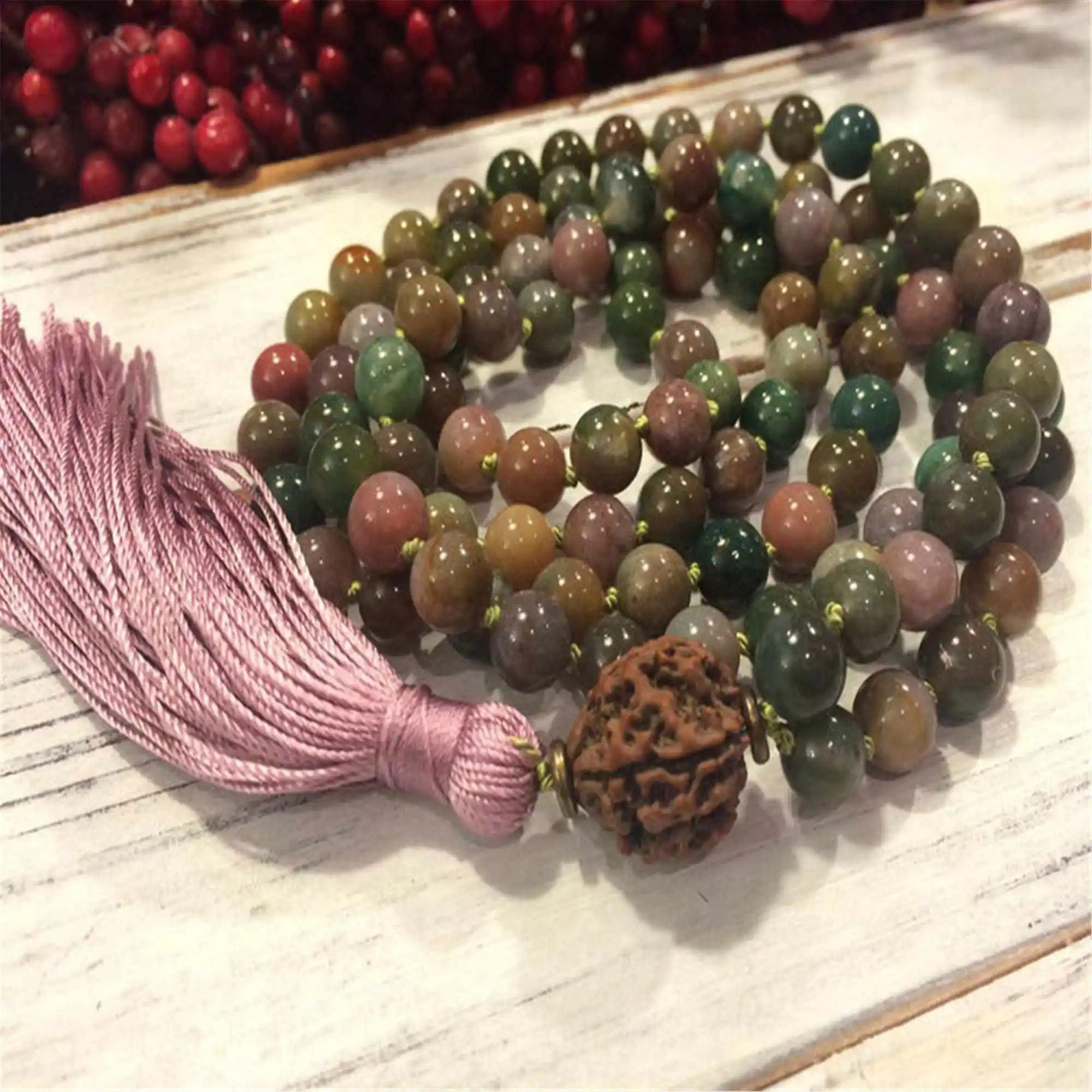 

Natural 6mm Indian Agate Gem Gemstone 108 Bead Mala bracelet Wholesale Pendants Amulet New Women Stainless Reiki Gifts Unisex