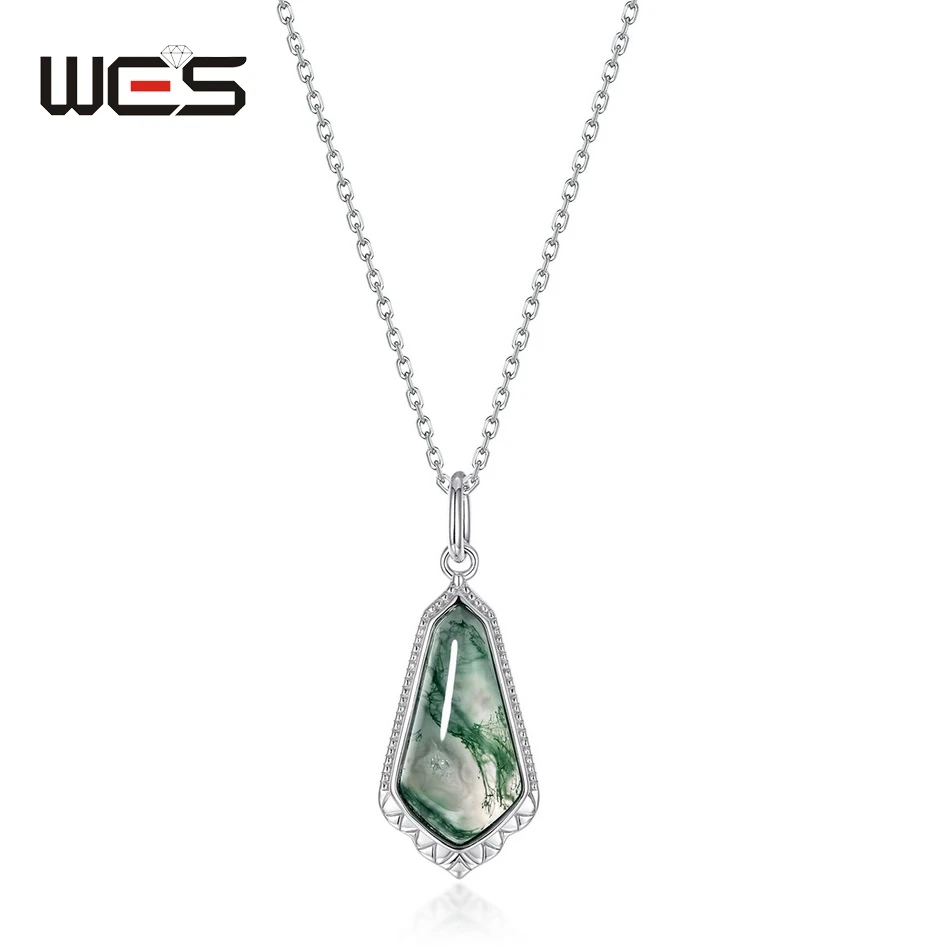 

WES 925 Sterling Silver Pendant Necklace for Woman 8*15mm Natural Moss Agate Gemstone Wholesale Fine Jewelry Certified Gifts
