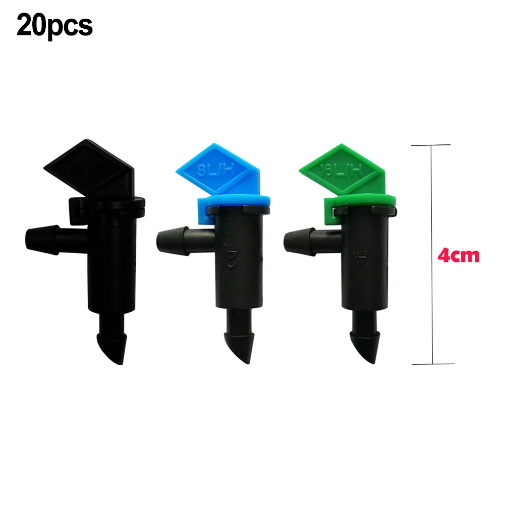 점적 관수용 에미터 20개입, 토양별 관수용, 1 GPH, 2 GPH, 4 GPH 출력 옵션, 색상별 뚜껑 포함