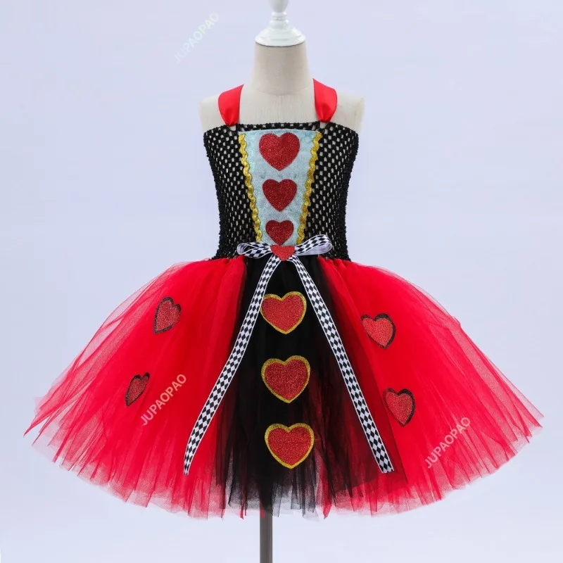 

Tutu Red Queen of Hearts Costumes Girls Alice in Wonderland Fancy Dress Kids Carnival Halloween Outfit with Crown Magic Stick