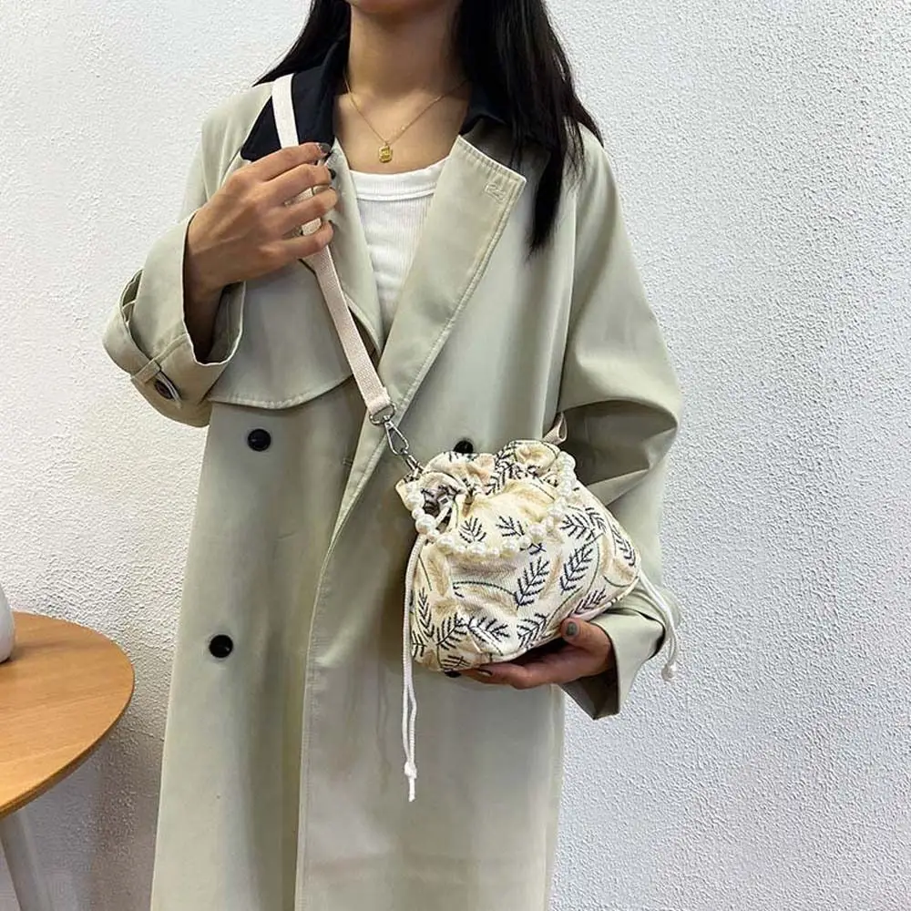 

Сумка на шнурке через плечо с листьями Hanfu, кошельки, сумка в Корейском стиле с жемчугом, сумка для покупок, сумка для хранения, бархатная сумка через плечо с цветами