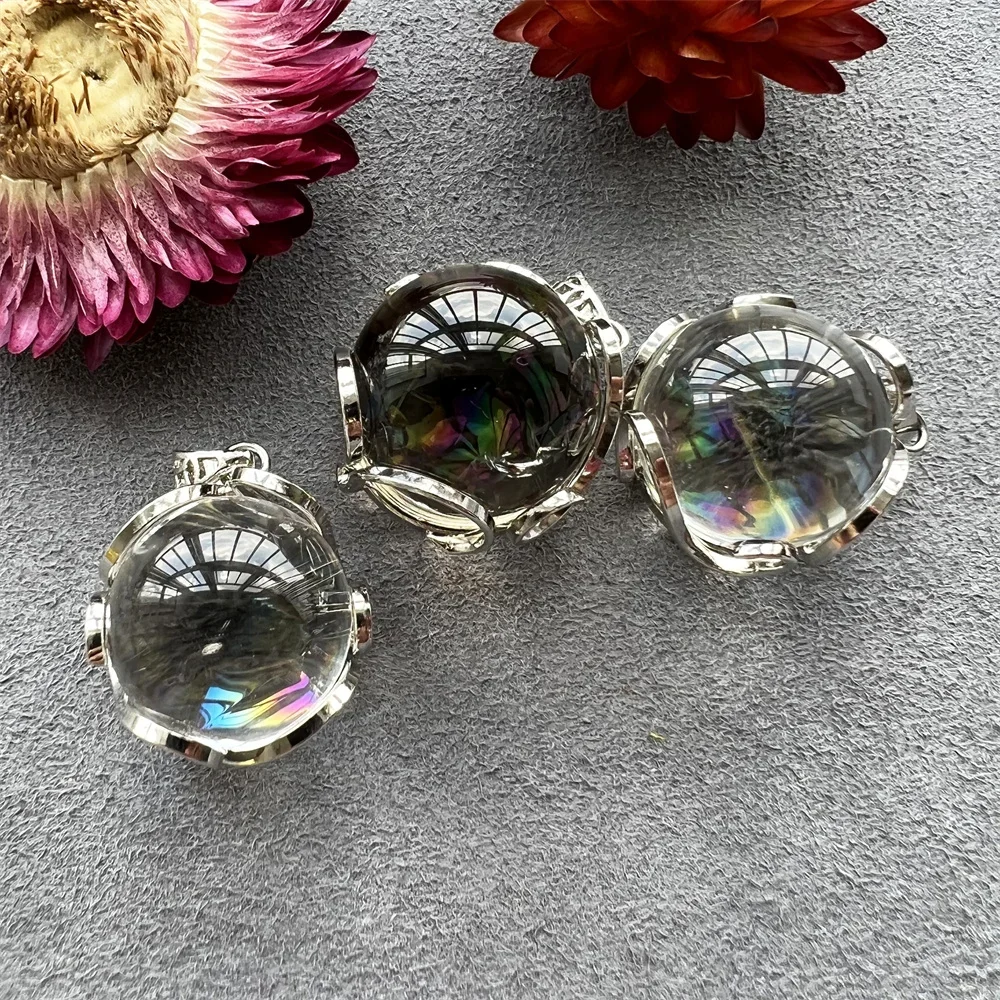Clear Quartz Rainbow Sphere Pendant, Healing Crystal Stone Rainbow Ball Charm for Necklace Making 2