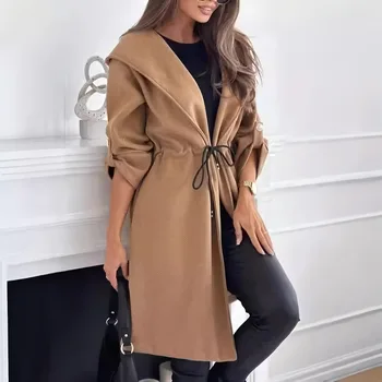 Nuovo cappotto di media lunghezza da donna casual con cappuccio autunno e inverno Giacca allentata con lacci in vita a maniche lunghe con risvolto tinta unita alla moda 1