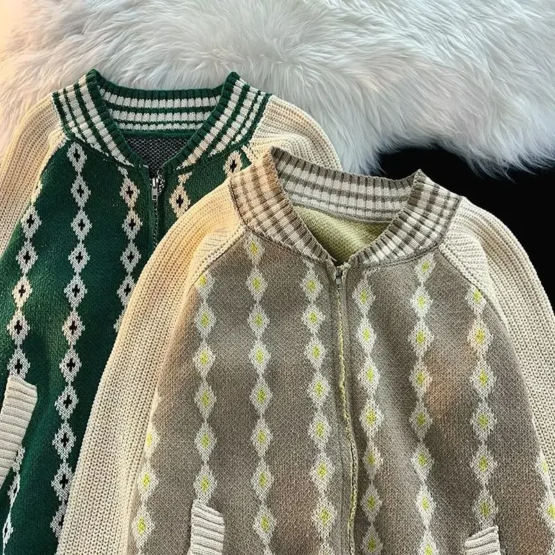 Vintage American Style Argyle Design Sensibility Niche Sweater Jacket Autumn Loose-fit Knit Zip-up Cardigan Top Casual Scene