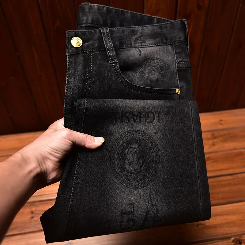 Fashionable jeans, men's slim fit tight pants, elastic casual full print black mid rise high-end straight leg pants