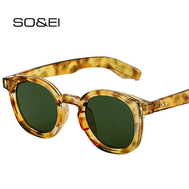 

SO&EI New Oval Sunglasses Women Rivets Shades UV400 Vintage Round Men Fashion Blue Leopard Sun Glasses