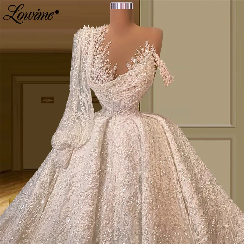 Lowime Arabic Muslim Long Sleeve Wedding Dresses Pearls Beaded Dubai Sequin A-Line Bridal Gowns 2022 Couture Bride Wedding Dress bridal gowns