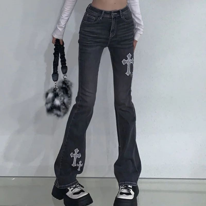 Harajuku Gothic High Waist Chic Denim Pants Women Streetwear Y2k Cross Embroidery Slim Flare Pants Female Vintage Jeans Trousers boliyae american vintage cross belt baggy jeans woman streetwear y2k straight denim trousers fashion low waist wide leg pants