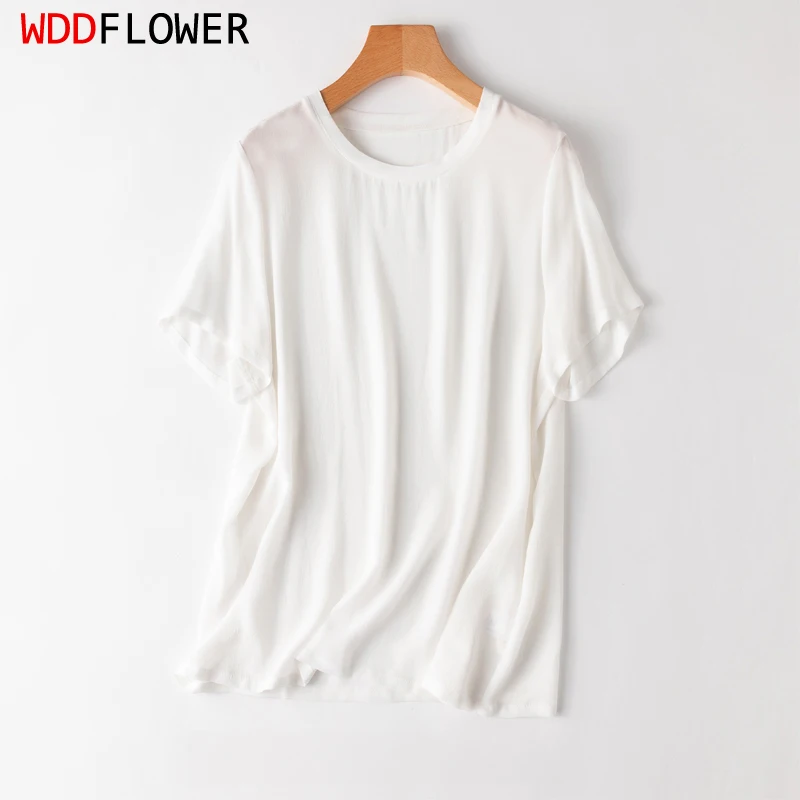 

Women Silk T-Shirt 100% Mulberry Silk 18 momme Crepe Silk Solid Color White Tee Top Blouse Crew Neck Short Sleeves M L XL M1127