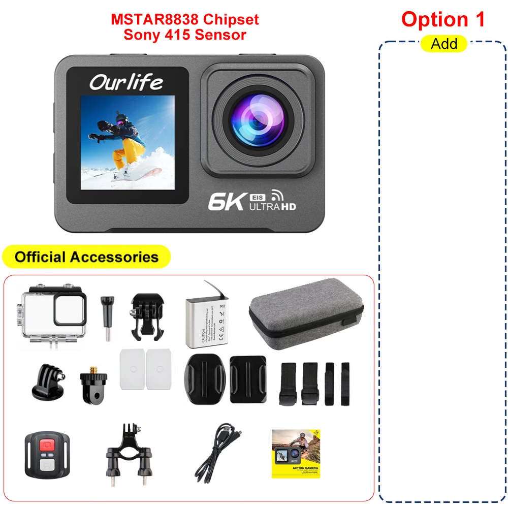 thumbnail image 1 of Cámara de acción 6K 5K60FPS 4K60FPS 50MP 2,0 "Touch LCD EIS pantalla Dual WiFi 170D impermeable 30M 5X Zoom cámara deportiva con control remoto, 1 of 4