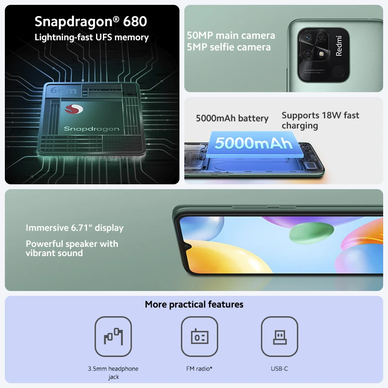 샤오미 레드미 10C NFC 휴대폰, 글로벌 버전, 안드로이드 스마트폰, 스냅드래곤 680, 50MP 카메라, 5000mAh 배터리, 4GB, 64GB, 4GB, 128GB