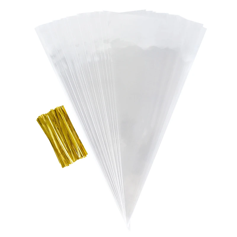 50pcs Clear Cone Candy Storage Bags - Transparent Plastic Popcorn and Candy Bags