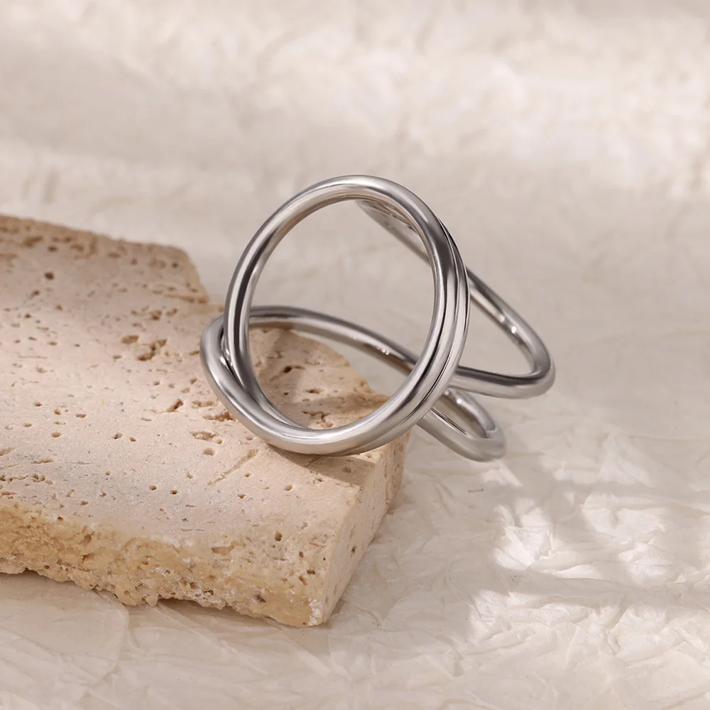 Stainless Steel Hollow Round Line Open Rings For Women Gold Color Wedding Ring