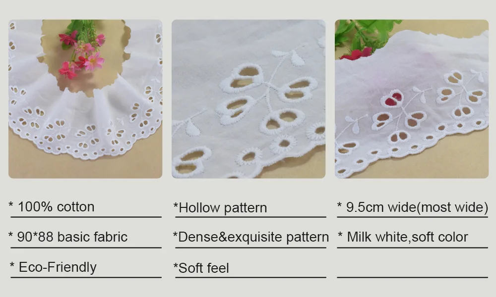 9,5 cm breite Spitze, weißer Baumwollstoff, Spitze, Stickerei, Nähen, Bandbesatz, Hochzeit, Abendkleid, DIY-Puppen, Kleidungszubehör # 4295 – Detail 1