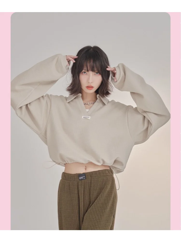 

HOUZHOU Harajuku Basic Long Sleeve Polo Tshirts Women Korean Style Oversized Crop Top Loose T Shirts Female Chic Fashion Tee