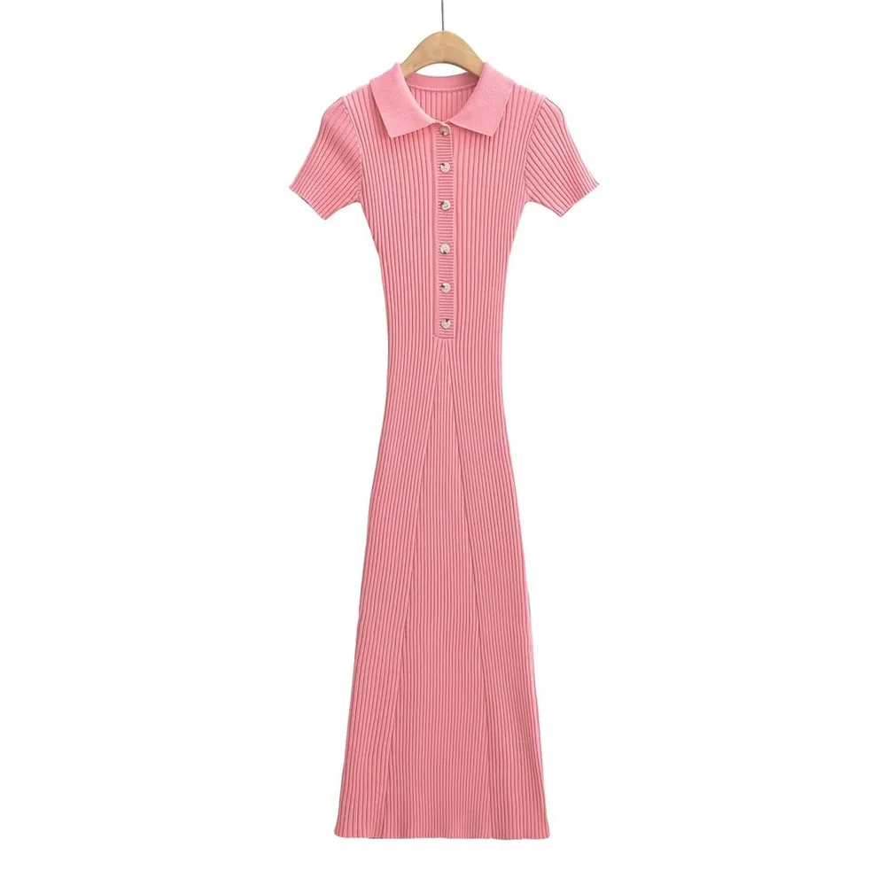 Ribbed High Waist Slim Maxi Dress For Women Knitwear Lapel Casual Elegant Party Dress Gown Fashion Short Sleeve Knit Dress