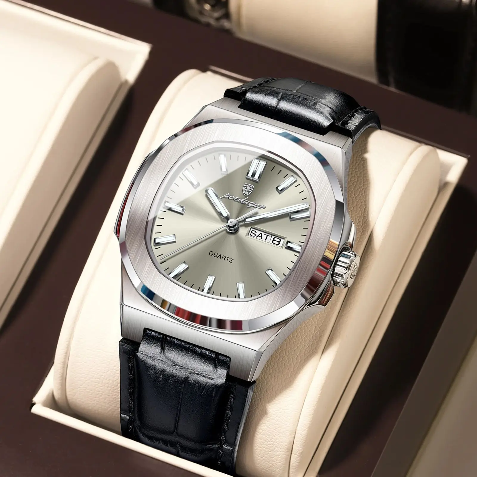 POEDAGAR Fashion Brand Men Watch Luxury Luminous Waterproof Week Date Man Clock Leather Quartz Square Casual Men's Watches Reloj