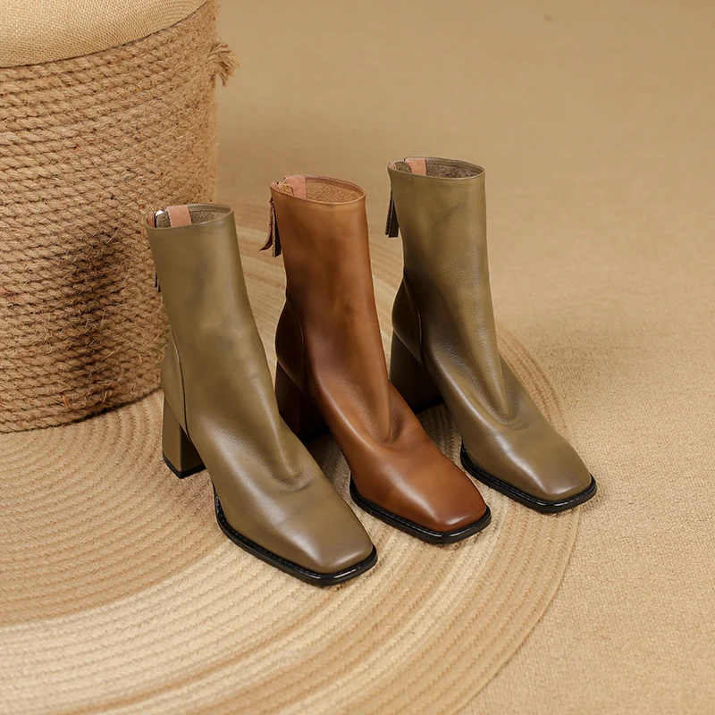 

2023 new Autumn winter Women ankle boots natural leather 22-25cm washed cowhide+pigskin modern boots Vintage back zipper boots