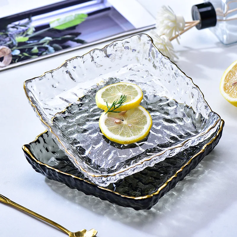 

Transparent Coloring Ice Dew Glass Dining Plate Fruit Plate Snack Salad Hammer Fruit Plate Creative Phnom Penh Square Plate