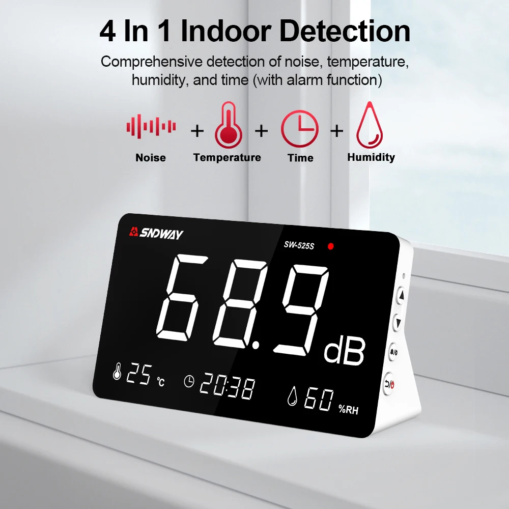 SNDWAY Digital Sound Level Meter Temperature Humidity Meter 30~130db Decibel Meter Audio Measuring Instrument 4 in 1 Noise Meter 2
