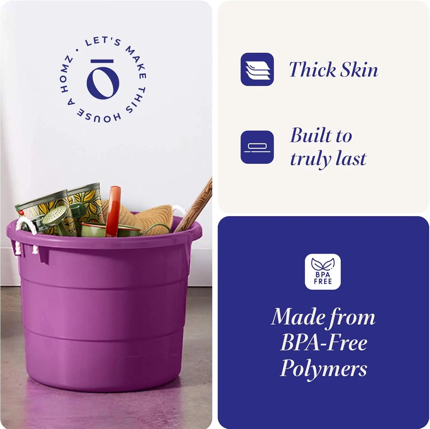 2-Pack Utility Tub, Large Plastic Storage Bucket with Rope Handles, 17 Gallon, Purple - Portable Indoor and Outdoor Buckets
