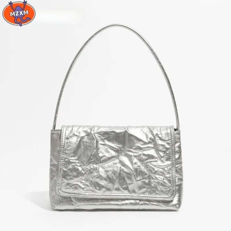 

MZXM Unique Silver Women Underarm Shoulder Bags Pleated PU Leather Flap Phone Purse Small Tote Handbags Solid Color
