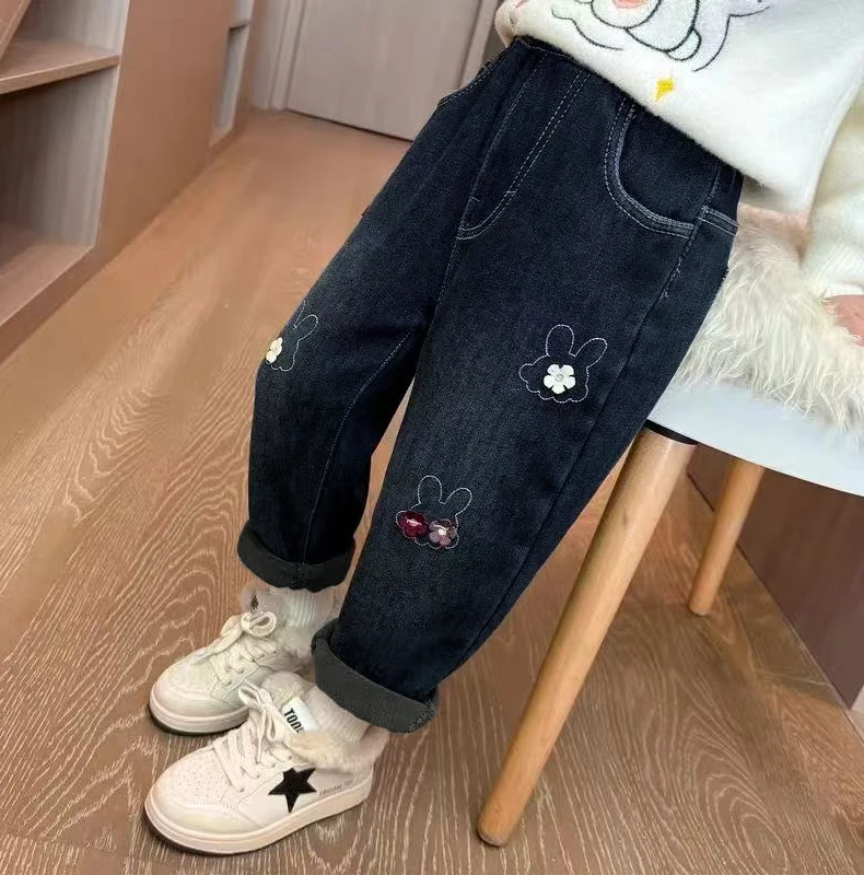 بنطلون جينز مبطن بالصوف للفتيات لفصلي الخريف والشتاء، سروال دافئ مبطن بالصوف للأطفال، بنطلون متعدد الاستخدامات للفتيات الصغيرات