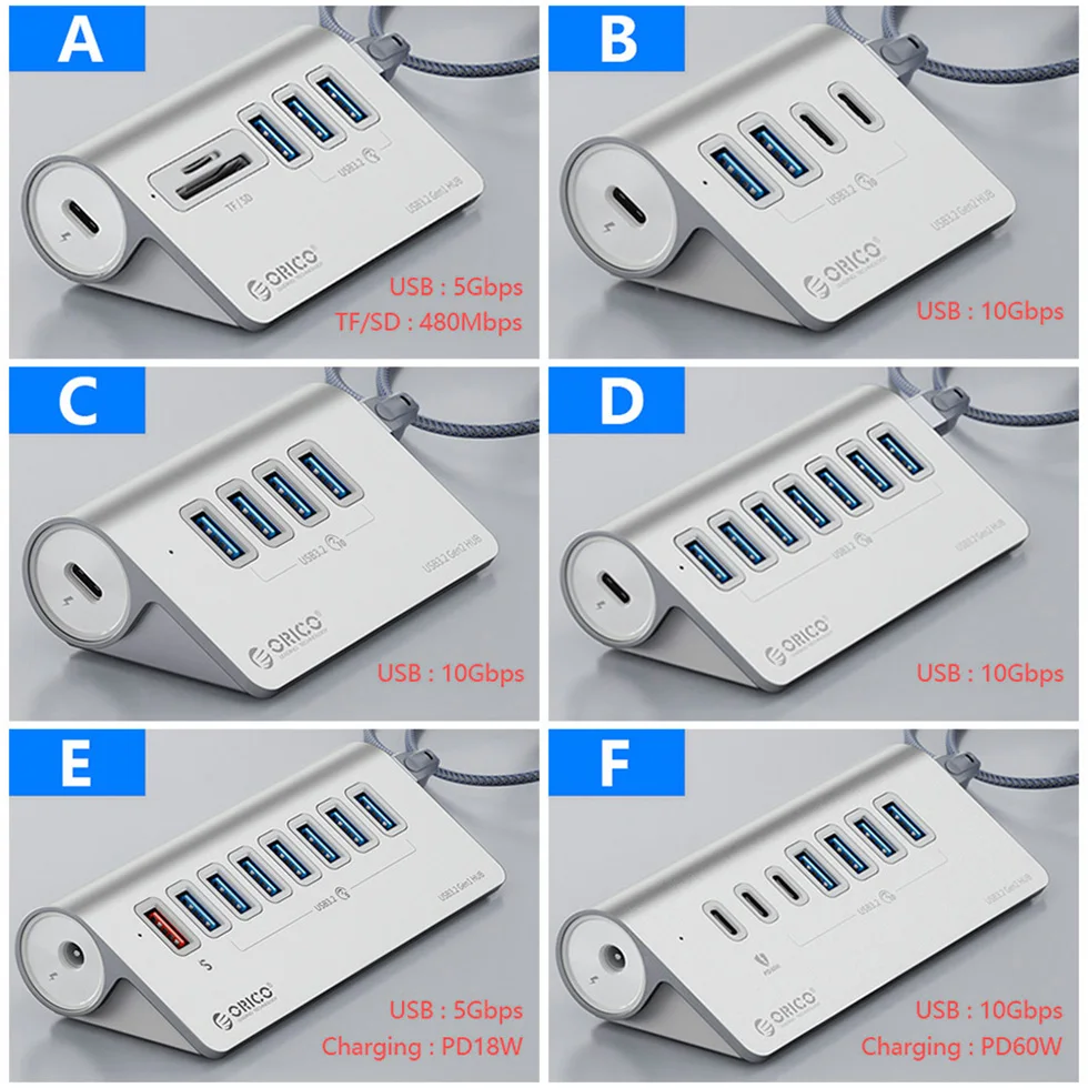 ORICO Multi USB 3.2 Port Splitter USB A Type C Hub Multiple 4 Slot Dock Station Switch Extender with Card Reader Charger Adapter