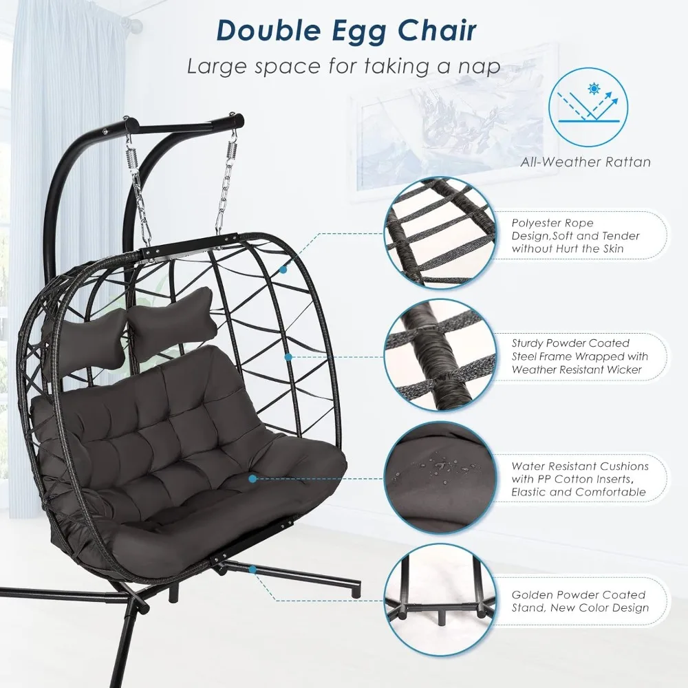Large PE Wicker Egg Shaped Hanging Egg Chair with Stand and Thick Cushion, Indoor Outdoor. Oversized 2 Person Patio Swing Chair 6