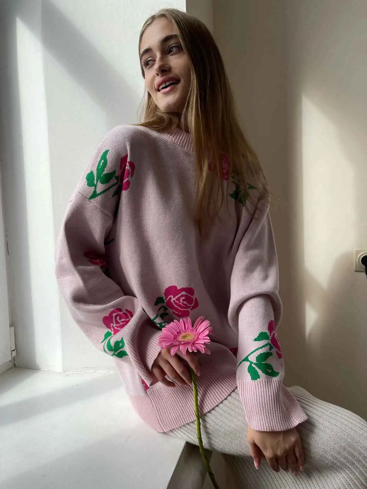 Autumn Knit Sweater Pullover Women's Printed Long Sleeve High Waist Ribbed Fashion Loose Knitwear Top Female Sweater