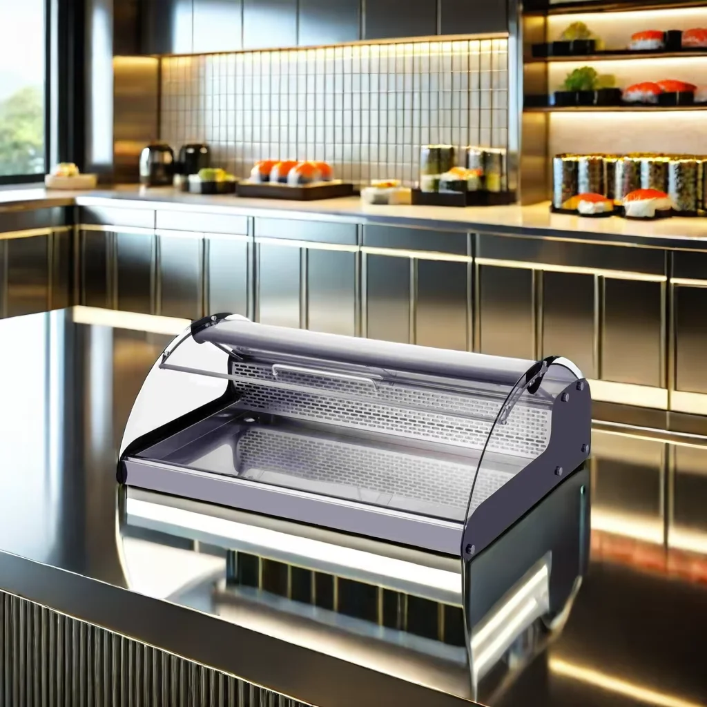 Curved Glass Countertop Display Cooler Direct Cooling Seafood Food Showcase Refrigerator