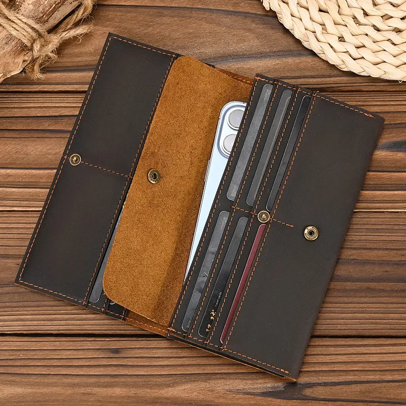 Crazy Horse Leather Long Wallet for Men with Multiple Card Slots, Coin Pocket, and Phone Holder