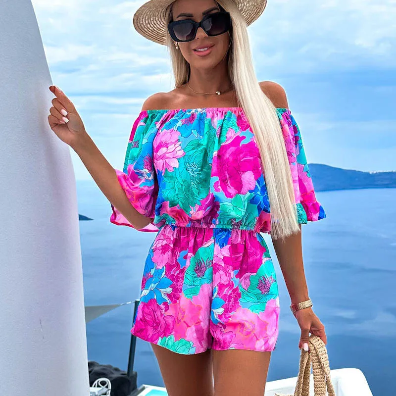 Summer Bohemian playsuit women Casual Floral Printed Short Jumpsuit Elegant sexy off shoulder shorts Rompers Lady New Jumpsuit