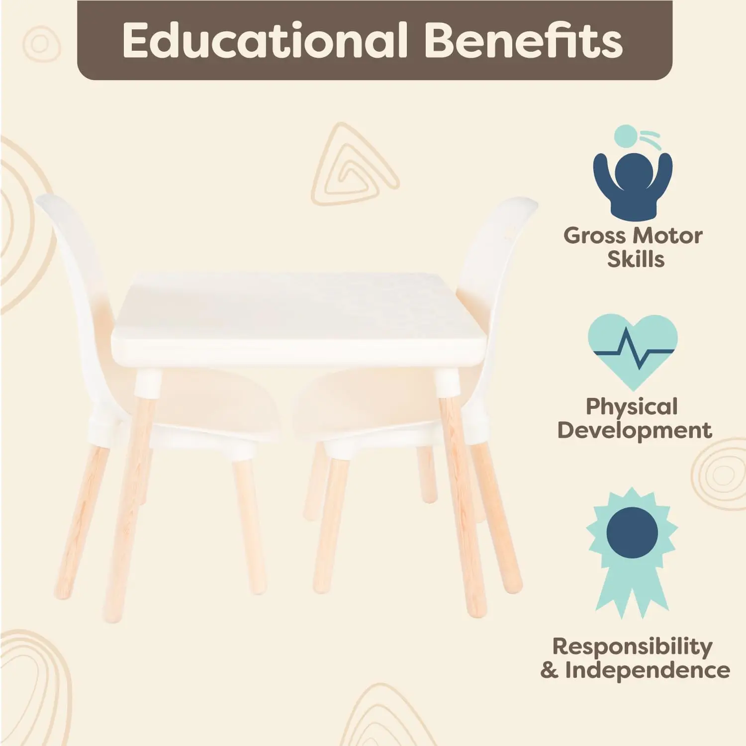 Children Tables Table and Chair Set- Furniture For Toddlers- 1 Craft Table & 2 Chairs- Natural Wooden Legs- Ivory- 3 years +
