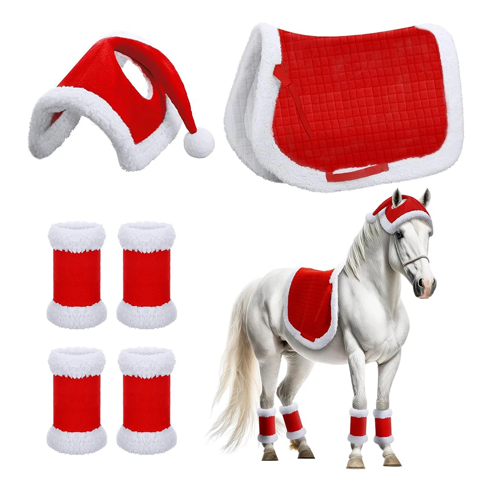 6pcs Horse Christmas Santa Hat Holiday Decor Multi-Purpose Santa Hat Leg Wraps Western Saddle Pad for Horses Parade Family Party
