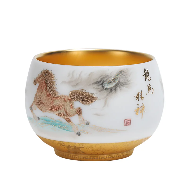 

Gold-plated Dragon Horse Spirit Master Cup Suet Jade Porcelain Office high-end luxury 24K pure gold teacup single cup gift.
