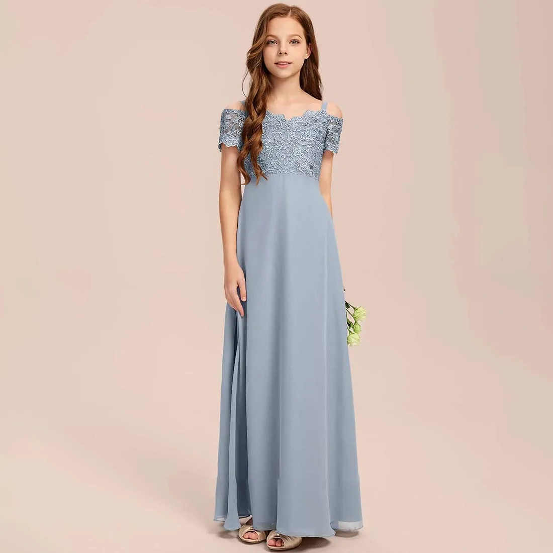 YZYmanualroom vestido de encaje de gasa para niña de las flores, traje de dama de honor Junior, línea A, hombros descubiertos, largo hasta el suelo, 2-15T