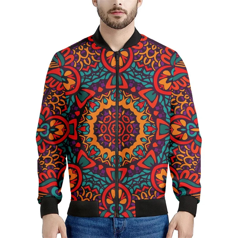 thumbnail image 1 of Chaqueta con estampado 3D de mandala bohemio para hombre, sudadera con estampado floral de primavera y otoño, abrigos de manga larga con cremallera y estilo aviador, 1 of 5