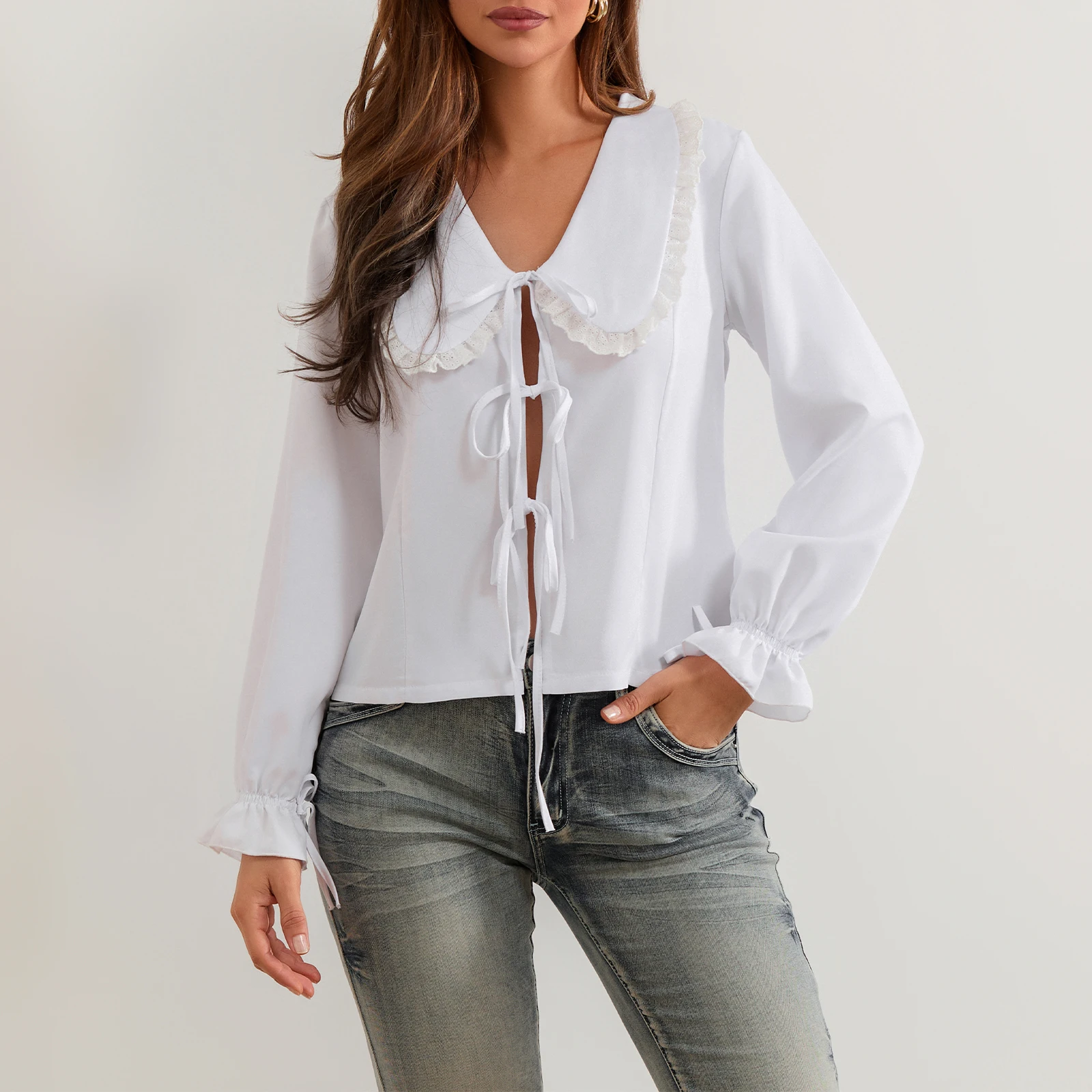 

Женские базовые Топы с завязкой спереди, повседневная Однотонная рубашка с длинным рукавом для клуба, уличная одежда, эстетическая одежда